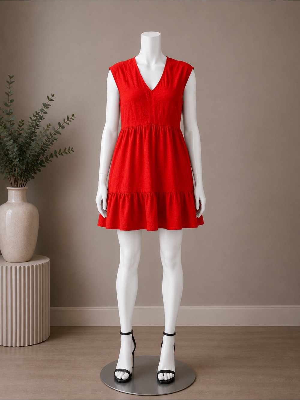 Red V-Neck Tiered Mini Dress - Brand
